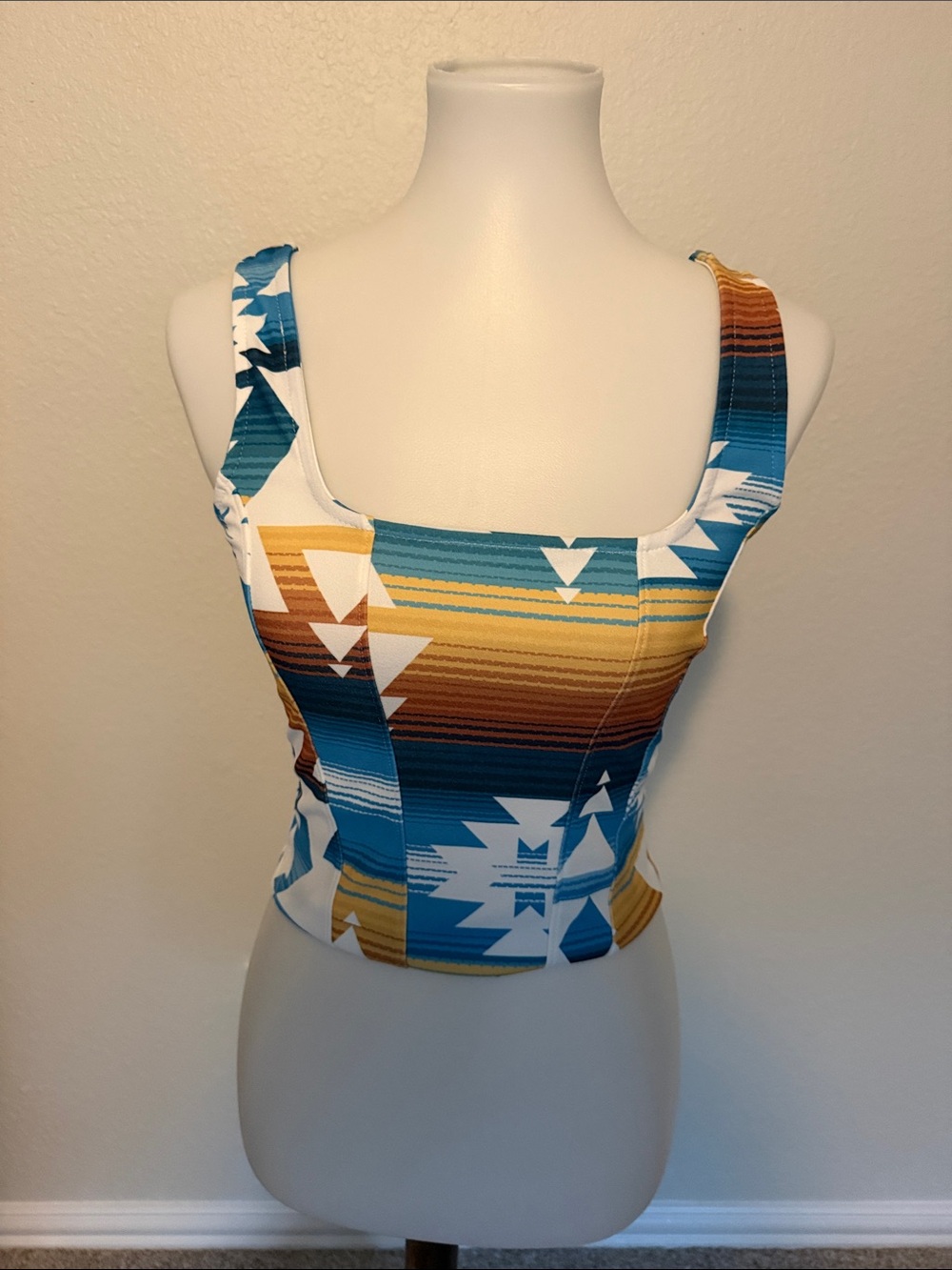 Aztec Stripe Square-Neck Crop Tank in Blue & Gold